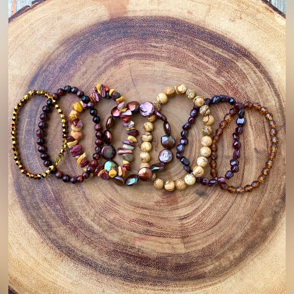 Natural Dark Red Garnet & Gold Jasper Mookaite Mix Gemstone Bead Bracelet Stack - Picture 11 of 11